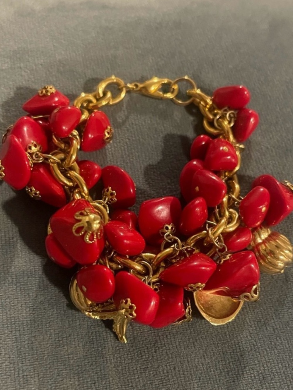 Vintage Gold-Tone Red Bead Charm Bracelet